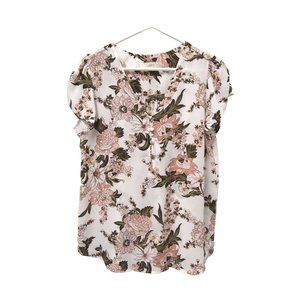 LOFT Womens Top S White Floral Chiffon Button Up Flutter Sleeve 502834